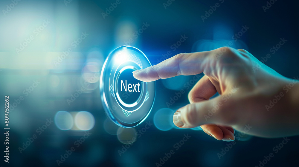 Hand pressing a holographic button with the word Hand pressing a holographic button with the word