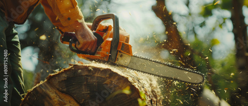 Lumberjack skillfully sawing through a log, sawdust flying in a dynamic work scene.