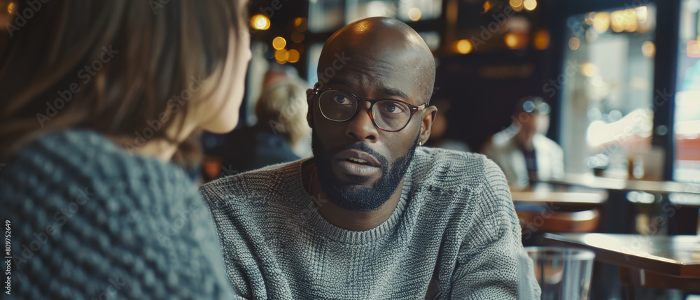 Man in glasses intently listening during a conversation at a café.