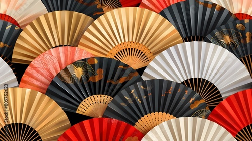 A vibrant array of traditional Japanese fans with intricate designs