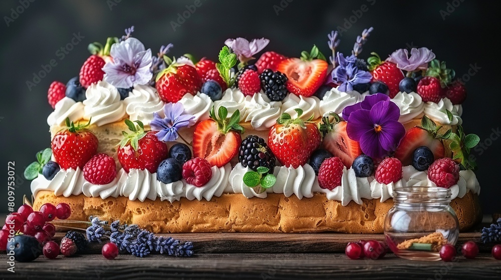   A beautiful cake topped with whipped cream, fresh berries, and vibrant flowers
