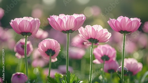   A field of green grass with a cluster of pink flowers in focus and a hazy backdrop of pink blooms