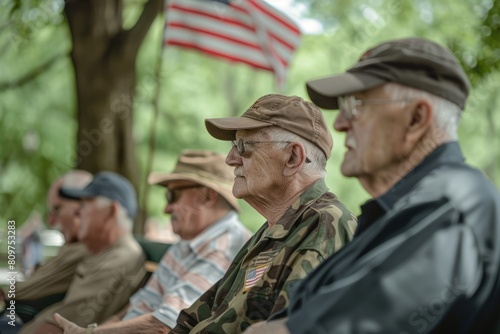 A closeup photo of a group of veterans exchanging stories on a park bench, capturing a heartfelt moment shared by the men