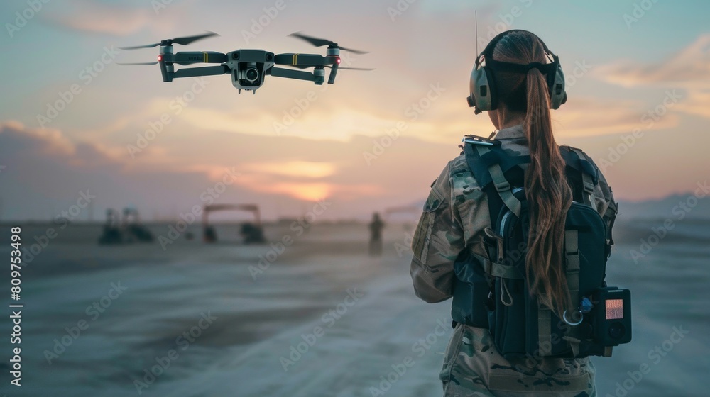 A woman in a military uniform is standing on a runway with a drone in the air A woman in a military uniform is standing on a runway with a drone in the air