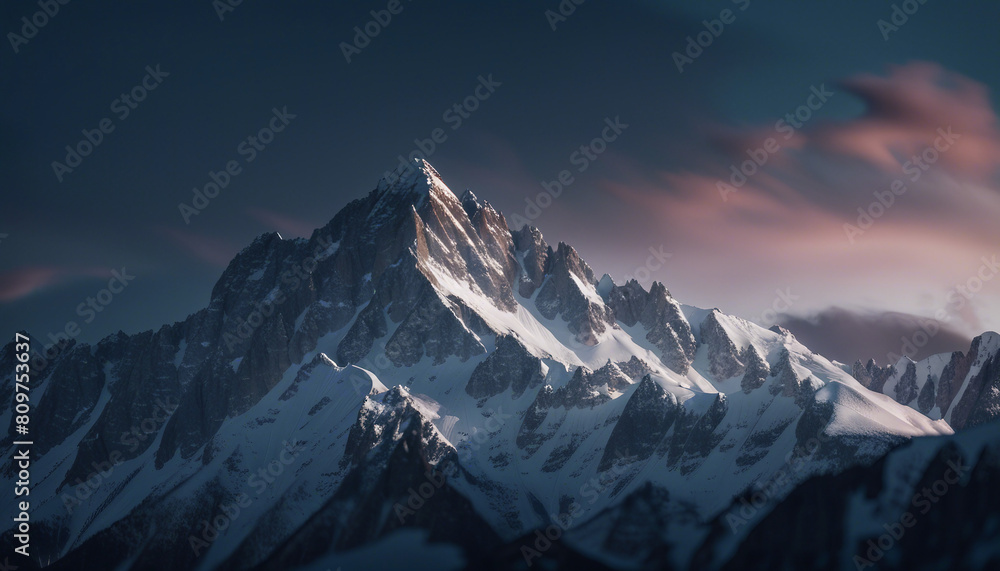 Obraz premium close up view of snow-covered rocky mountain peak. after sunset the lower parts of the mountain are dark and the peak is light