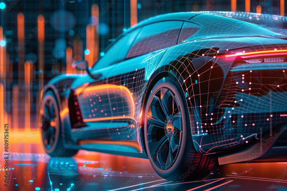 Close-up of a futuristic electric car featuring holographic wireframe graphics on a digital technology background