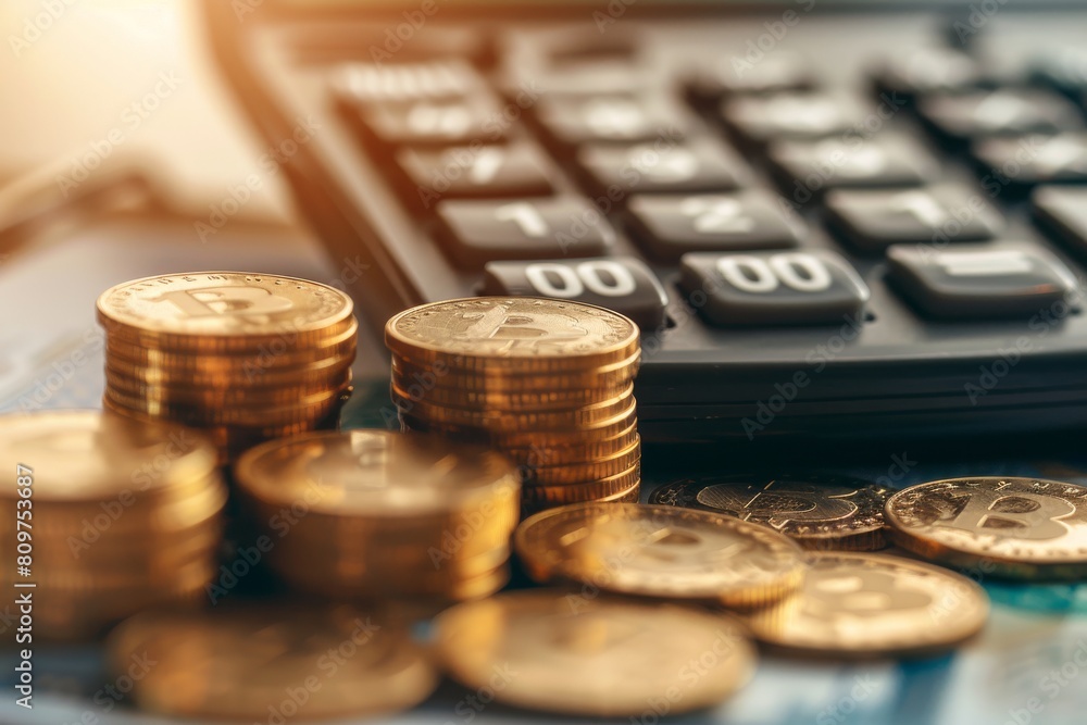 Money Coin Stack with Calculator, Golden Coins, Metal Money, Financial Investment Concept Money Coin Stack with Calculator, Golden Coins, Metal Money, Financial Investment Concept