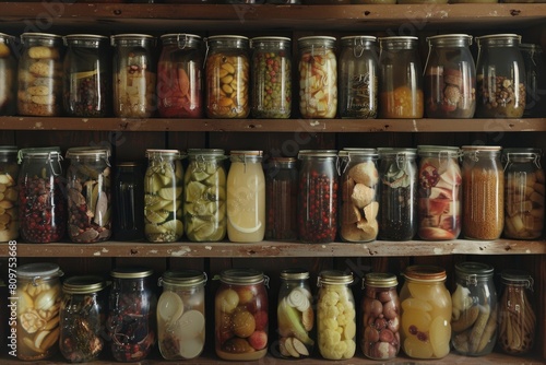 A shelf displaying numerous glass jars filled with various preserved foods