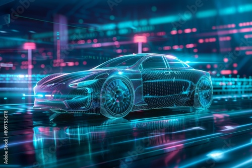 Closeup view of a futuristic electric car with holographic wireframe graphics in a city setting © Ilia Nesolenyi