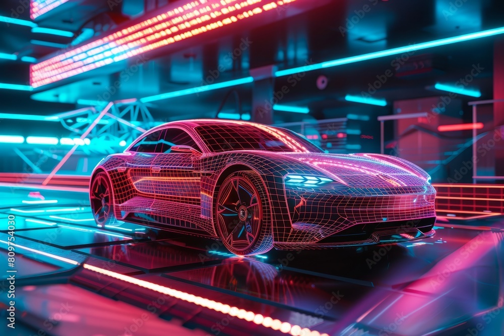 A modern electric vehicle is showcased with neon lights against a digital backdrop featuring holographic wireframe designs