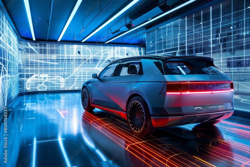 A modern electric vehicle drives through a tunnel illuminated by vibrant neon lights, creating a futuristic and dynamic scene