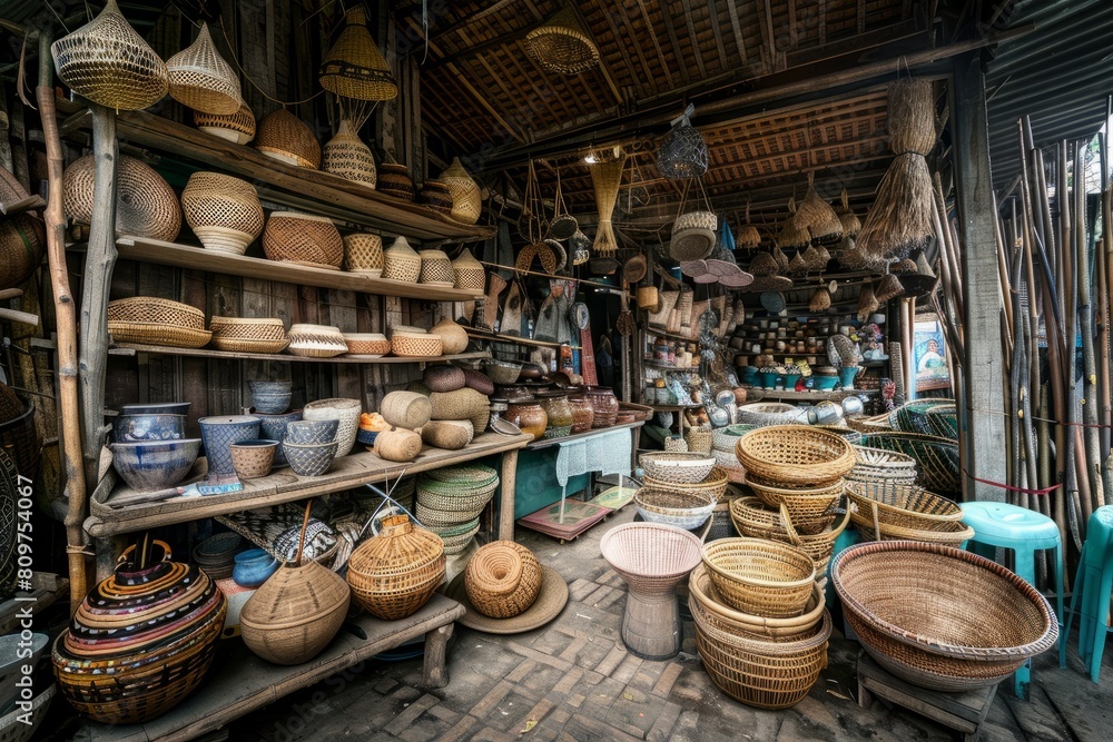 A room filled with an assortment of baskets and handmade crafts, showcasing traditional handicrafts in a rustic market stall setting