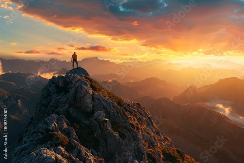 A hiker triumphantly stands on a mountain peak at sunset, with a vast mountain landscape in the background