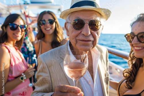 Distinguished senior man enjoys luxurious yacht party surrounded by glamorous women, holding wine glass photo
