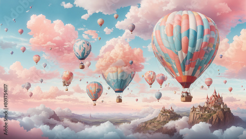  many hot air balloons in a pink sky with clouds