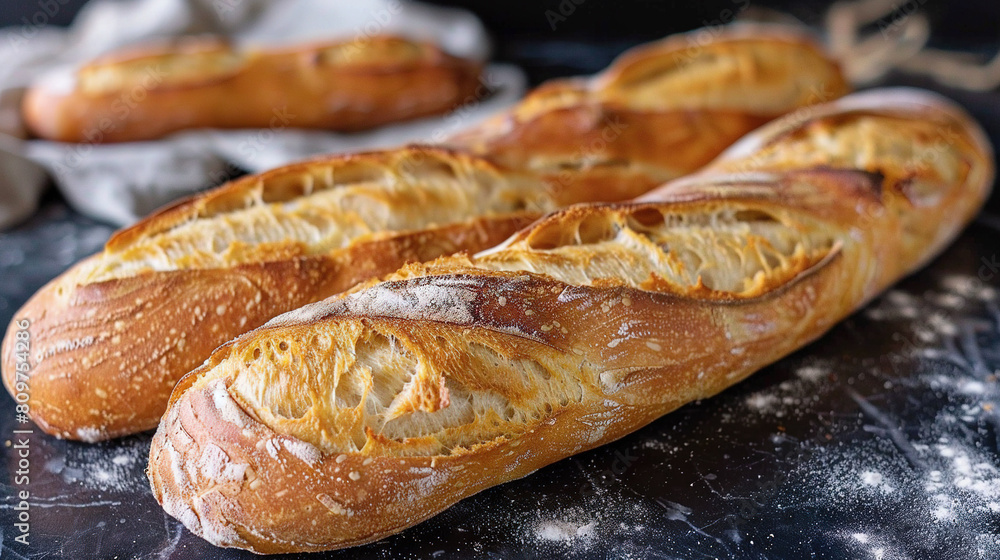 A group of breads sits atop a table beside a baguette also positioned on the table A group of breads sits atop a table beside a baguette also positioned on the table