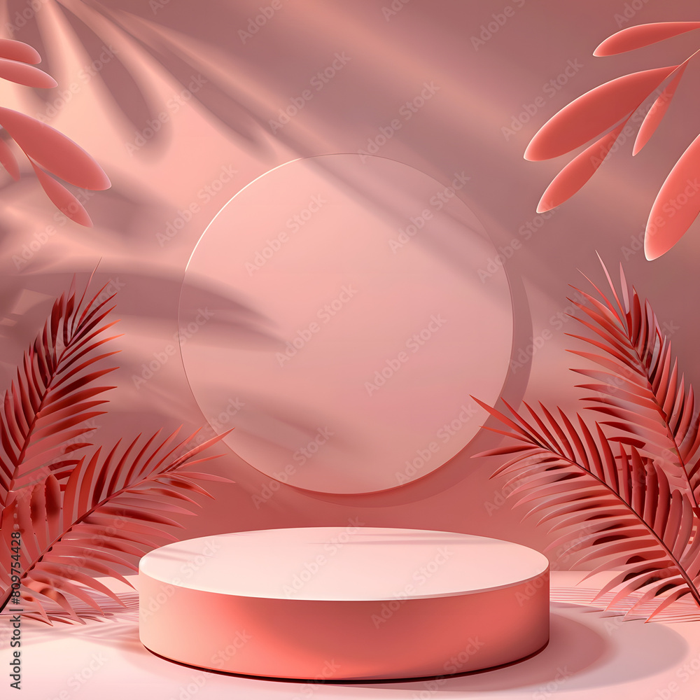 Minimal cosmetic light Salmon background and premium podium display for product presentation branding and packaging presentation. studio stage with shadow of leaf background. Minimal cosmetic light Salmon background and premium podium display for product presentation branding and packaging presentation. studio stage with shadow of leaf background.