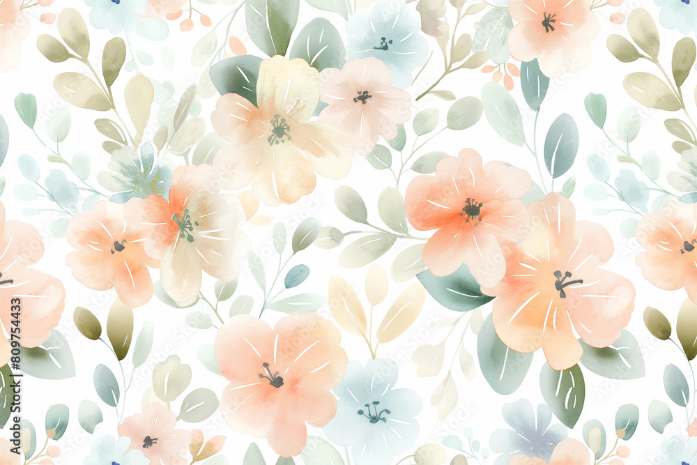 A seamless pattern of soft pastel watercolor flowers and leaves, creating an elegant floral background with delicate colors A seamless pattern of soft pastel watercolor flowers and leaves, creating an elegant floral background with delicate colors