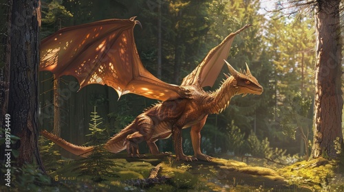 Fantasy dragon with wings in the forest, AI generated image. © afnanbdr