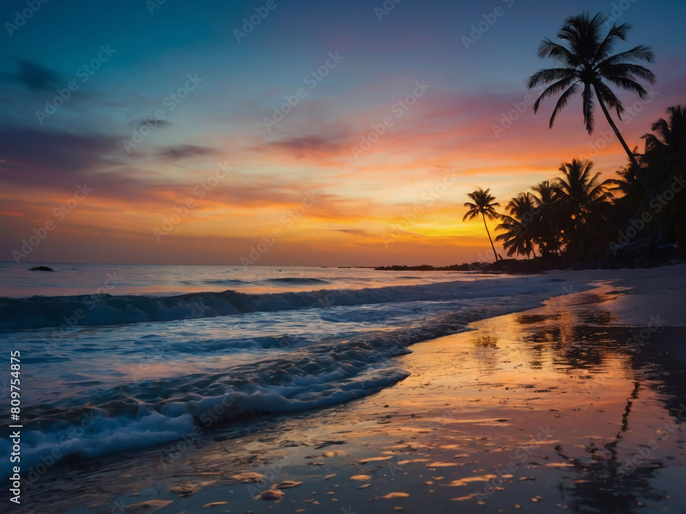 Tropical Twilight, Stunning Sunset Scene with Palm Tree Silhouettes on Beach