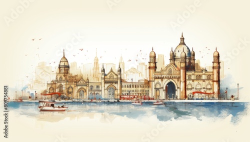 Watercolor splash with hand drawn sketch of Gateway of India Mumbai, India in illustration