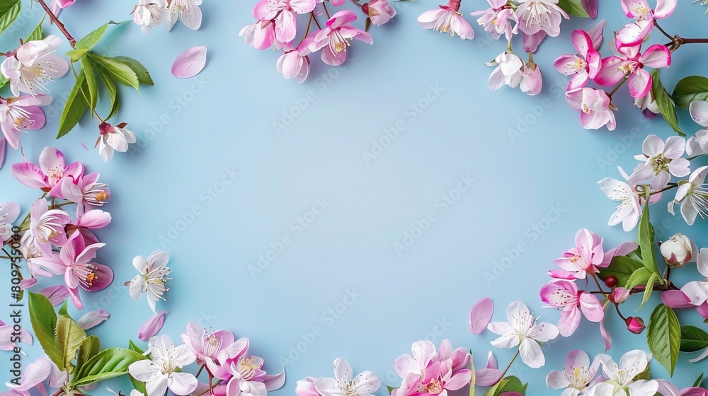 A frame of pink and white flowers on a blue background. A frame of pink and white flowers on a blue background.