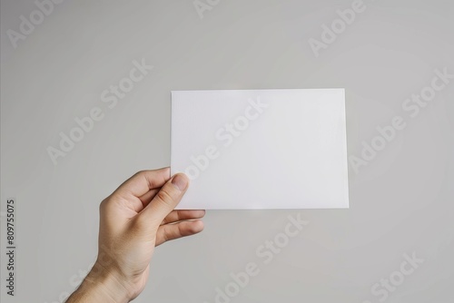 A hand holding a blank white card.