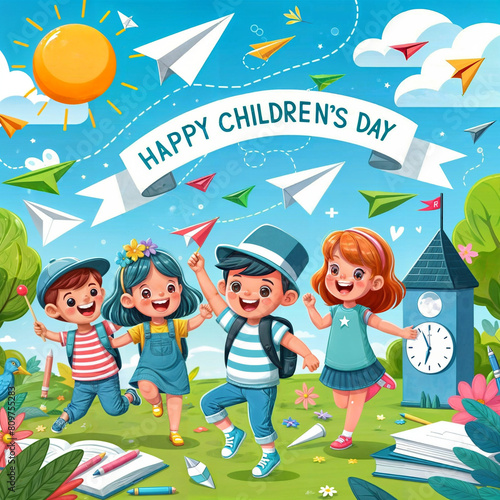 Happy childrens day with paper planes vector design created with generative ai.