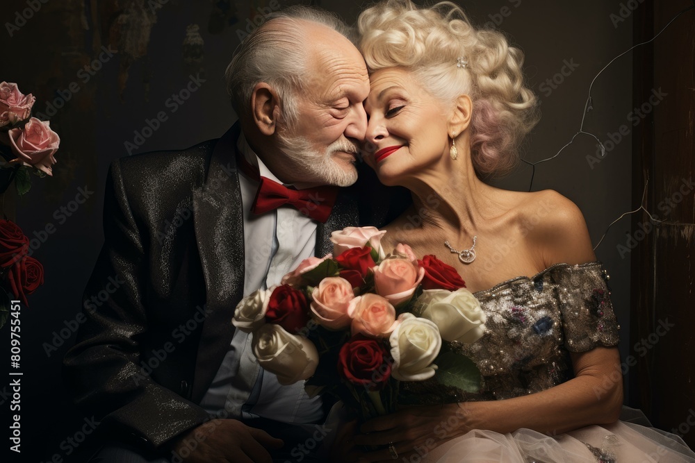 Elegant elderly couple in formal wear sharing an intimate moment with a bouquet of roses Elegant elderly couple in formal wear sharing an intimate moment with a bouquet of roses