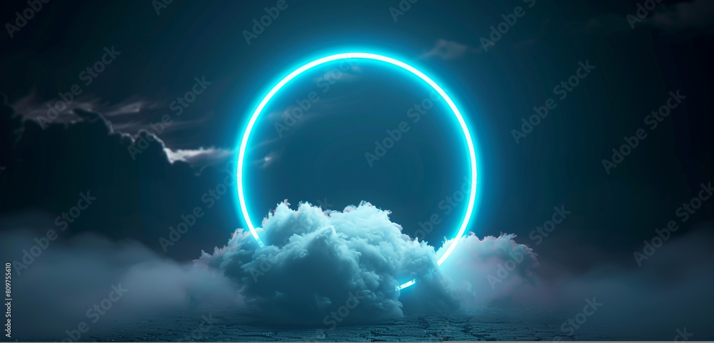 Aquamarine neon ring enhances the visual appeal of a cloud in a dark 3D-rendered sky. Aquamarine neon ring enhances the visual appeal of a cloud in a dark 3D-rendered sky.
