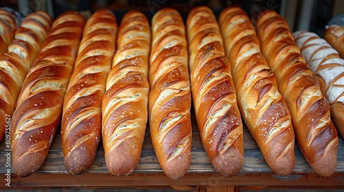  Loaves of bread neatly arranged on a wooden shelf alongside others