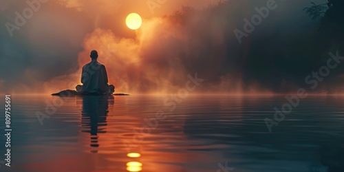 A man is sitting on a rock in the water, looking at the sun