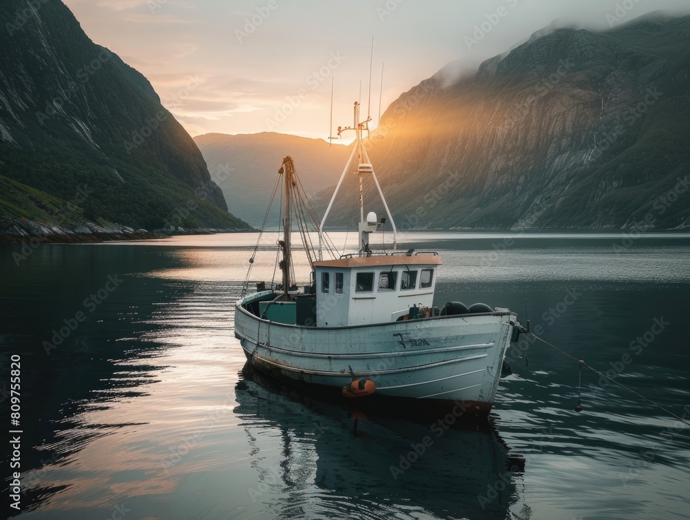 Fototapeta premium A small boat is floating on a lake with mountains in the background