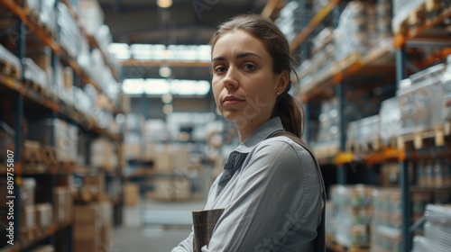 A woman stands in a warehouse with her arms crossed, looking at the camera