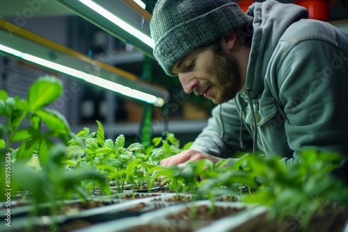 friendly Canadian man planting seeds in his growroom. ai generated photo