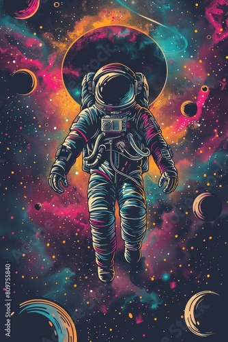 A colorful painting of an astronaut floating in space