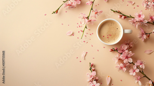 Cup of coffee with spring flowers on beige background