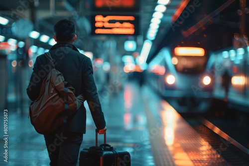 A man with luggage walks on a train platform, a blur of lights and trains behind him. Created with Generative AI photo