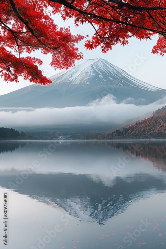 A mountain with snow on top and a lake with a red leaf floating on the water