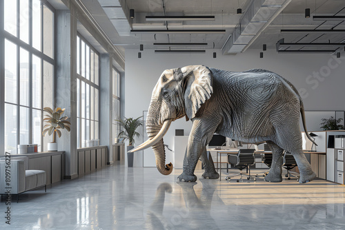 An elephant walks through a modern office. Generative ai.