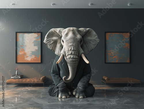 An elephant wearing a suit is sitting cross-legged on the floor in a modern art gallery. The elephant has its eyes closed and is surrounded by paintings. Generative ai.