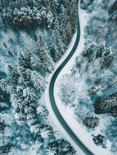 A snow covered road with trees in the background