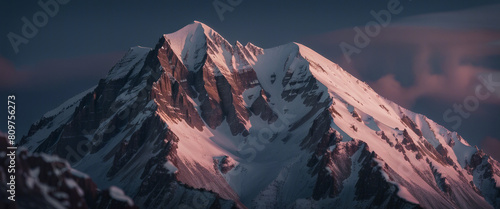 close up view of snow-covered rocky mountain peak. after sunset the lower parts of the mountain are dark and the peak is light