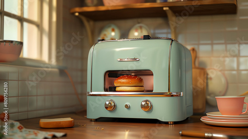 A close-up of a retro toaster with a toasted sesame seed hamburger bun. Generative ai.