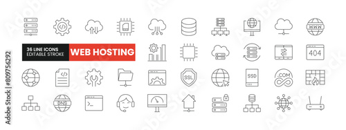 Set of 36 Web Hosting line icons set. Web Hosting outline icons with editable stroke collection. Includes DNS, Database, Cloud Computing, Global Network, Speed Optimization, and More.