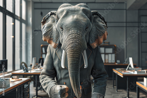 An elephant wearing a suit stands in an office, looking at the camera with a serious expression. Generative ai.