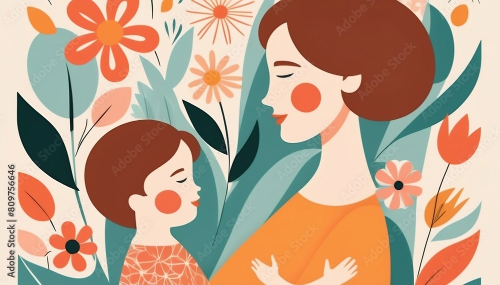 Spring summer bright abstract template. Abstract floral pattern and mother with child illustration in mid century art style created with generative ai. Spring summer bright abstract template. Abstract floral pattern and mother with child illustration in mid century art style created with generative ai.