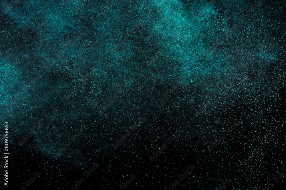 Aquamarine smoke cloud on black background. Light texture on dark sky. Space backdrop. Explosion pattern.