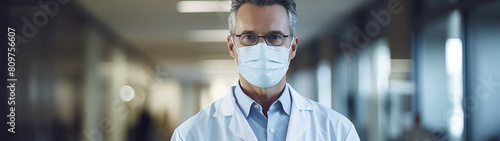 Serious Doctor in Hospital Hallway Wearing Protective Face Mask