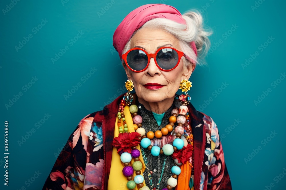 Portrait of an elegant elderly woman with bold accessories posing against a teal background Portrait of an elegant elderly woman with bold accessories posing against a teal background